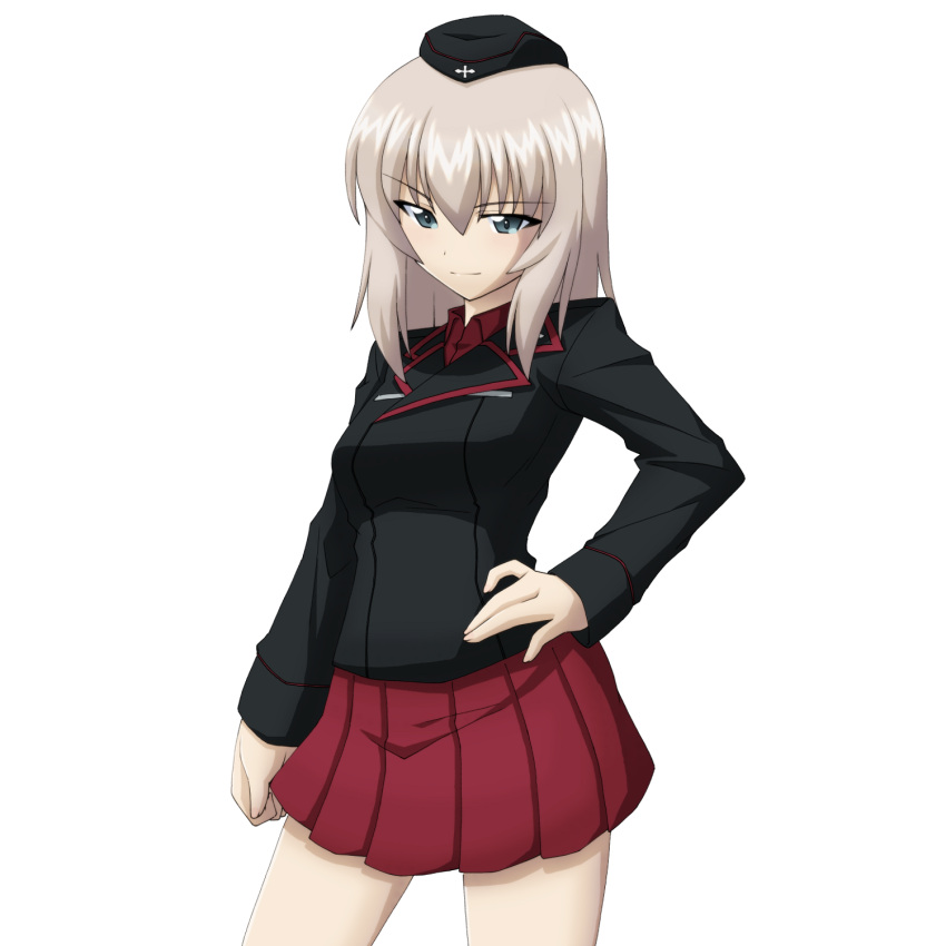 black_hat black_jacket blue_eyes breasts clenched_hand commentary_request cross garrison_cap girls_und_panzer grey_hair hand_on_own_hip hat highres iron_cross itsumi_erika jacket kuromorimine_military_uniform large_breasts long_hair long_sleeves looking_at_viewer military military_hat military_jacket military_uniform miniskirt pleated_skirt red_shirt red_skirt rhun shirt simple_background skirt smile standing transparent_background