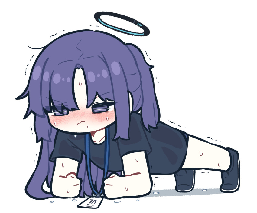 1girl arm_rest black_shirt blue_archive blush clenched_hands collarbone halo highres nose_blush official_alternate_costume piki_(itpiki) planking purple_hair shirt short_sleeves simple_background solo sweat tiptoes trembling violet_eyes white_background yuuka_(blue_archive) yuuka_(track)_(blue_archive)