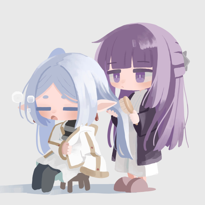 2girls black_coat black_pantyhose blue_hair blunt_bangs brushing_another's_hair brushing_hair chibi closed_eyes closed_mouth coat commentary_request dress earrings elf fern_(sousou_no_frieren) frieren full_body gold_trim grey_background hair_brush hair_half_undone highres holding holding_hair_brush jacket jewelry long_coat long_dress long_hair long_sleeves multiple_girls open_mouth pantyhose parted_bangs pointy_ears purple_hair shirota_(petapeta84) sidelocks simple_background sitting sleepy slippers sousou_no_frieren standing stool straight_hair twintails very_long_hair violet_eyes white_dress white_jacket wide_sleeves