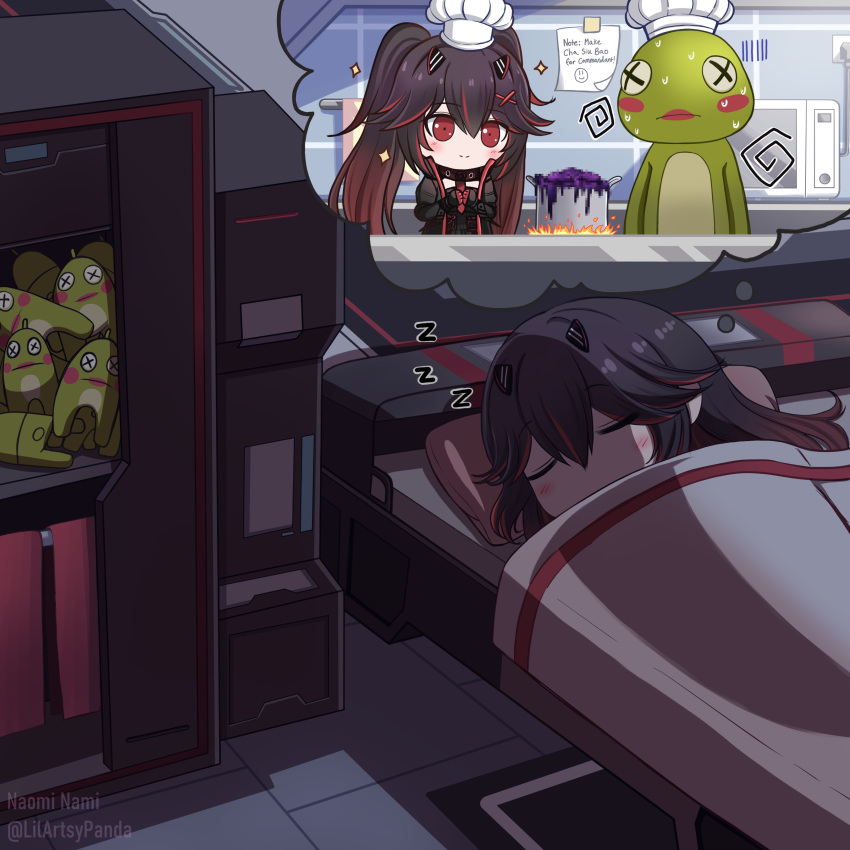 1girl absurdres bed bedroom black_dress black_hair black_jacket chibi closet cooking dreaming dress fake_horns gradient_hair hair_between_eyes hair_ornament highres horns jacket lucia:_plume_(punishing:_gray_raven) microwave multicolored_hair naomi_nami parted_bangs punishing:_gray_raven redhead sleeping small_horns solo striped stuffed_animal stuffed_frog stuffed_toy sweatdrop twintails under_covers x_hair_ornament zzz