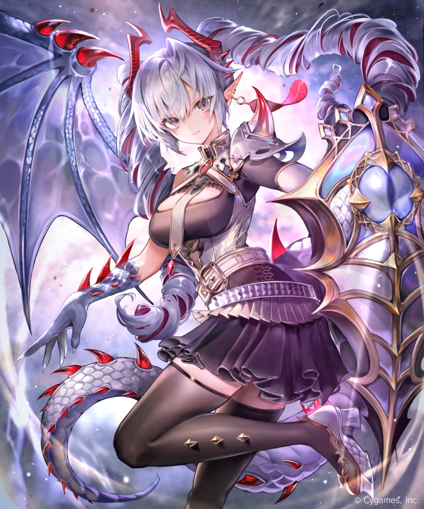 1girl argente_purest_silver_(shadowverse) armor belt belt_buckle black_skirt blush breasts buckle dark_background dragon_girl dragon_horns dragon_tail dragon_wings drill_hair earrings feather_earrings feathers foot_out_of_frame gem grey_eyes grey_hair hair_between_eyes highres holding holding_shield horns jewelry kouyafu medium_breasts monster_girl multicolored_hair official_art pleated_skirt pointy_ears redhead scales shadowverse shield shoulder_armor single_wing skirt smile solo spikes tail thigh-highs thighs twintails wings zettai_ryouiki