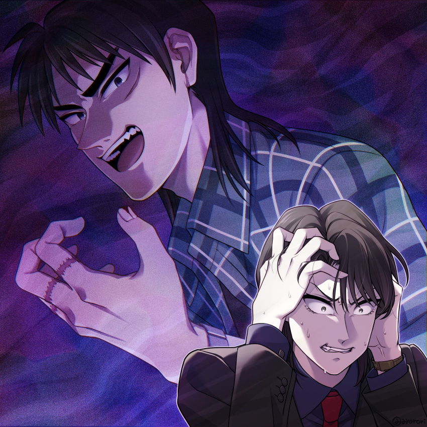 2boys absurdres black_eyes black_hair black_jacket blazer blood brown_hair collared_shirt commentary_request constricted_pupils fingernails green_shirt grey_shirt hands_in_own_hair hands_on_own_head highres ichijou_seiya itou_kaiji jacket kaiji long_hair long_sleeves male_focus medium_bangs momojiri_aya multiple_boys necktie nervous_sweating open_clothes open_mouth open_shirt plaid plaid_shirt pointy_nose purple_background red_necktie sanpaku scar scar_on_cheek scar_on_face scar_on_hand shirt short_sleeves smile sweat teeth upper_body upper_teeth_only watch watch