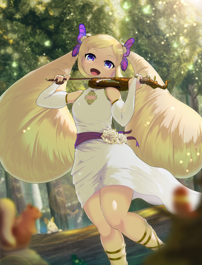 1girl absurdres alternate_costume big_hair blonde_hair bridal_gauntlets chipmunk dappled_sunlight dress drill_hair elise_(fire_emblem) fire_emblem fire_emblem_fates forest highres instrument keldancon long_hair looking_at_viewer music nature no_nose open_mouth parted_bangs playing_instrument rabbit solo squirrel sunlight tree twin_drills twintails violet_eyes violin white_dress