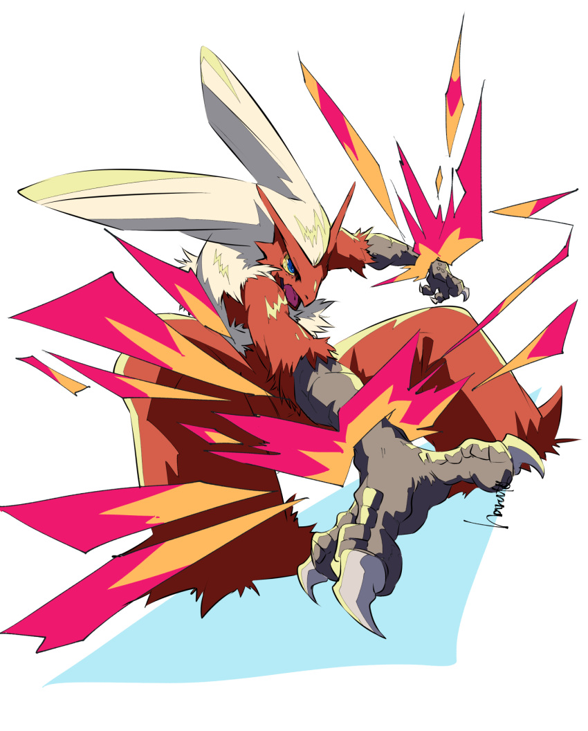 blaziken blue_eyes claws colored_sclera commentary_request fire full_body haruto1192 highres looking_down open_mouth pink_fire pokemon pokemon_(creature) solo squatting tongue yellow_sclera