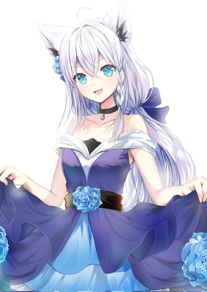 1girl ahoge aisu_(icicleshot) animal_ear_fluff animal_ears blue_bow blue_dress bow braid breasts clothes_lift commentary_request dress dress_lift fox_ears fox_girl green_eyes hair_between_eyes hair_bow highres hololive long_hair looking_at_viewer open_mouth shirakami_fubuki sidelocks simple_background single_braid sleeveless sleeveless_dress small_breasts smile solo strapless strapless_dress virtual_youtuber white_background white_hair