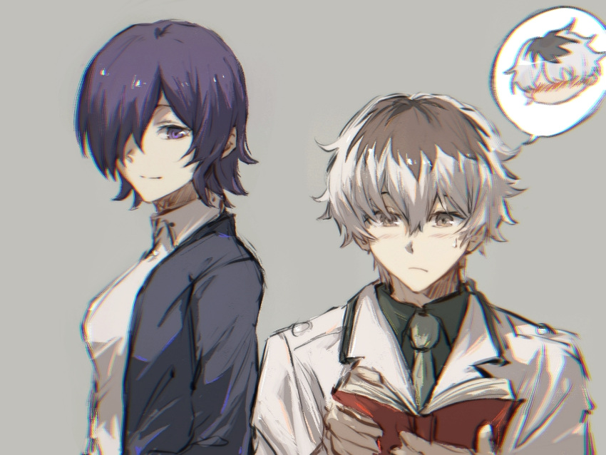 1boy 1girl astronut_zzz black_hair black_jacket black_shirt blush closed_mouth collared_shirt from_side grey_background grey_jacket grey_necktie highres jacket multicolored_hair necktie open_clothes open_jacket sasaki_haise shirt short_hair simple_background smile speech_bubble spoken_character tokyo_ghoul tokyo_ghoul:re two-tone_hair white_hair white_jacket white_shirt