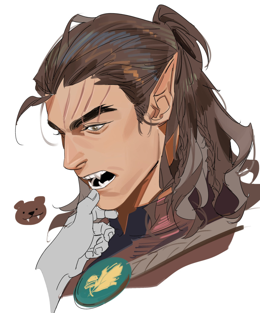 1boy absurdres baldur's_gate baldur's_gate_3 braid brown_eyes brown_hair cropped_torso dungeons_and_dragons elf fangs from_side greensalad350 hair_bun half_updo halsin highres inset korean_commentary male_focus medium_hair mouth_pull multiple_braids open_mouth out_of_frame pointy_ears portrait scar scar_on_face scar_on_forehead side_braids simple_background single_hair_bun solo_focus white_background