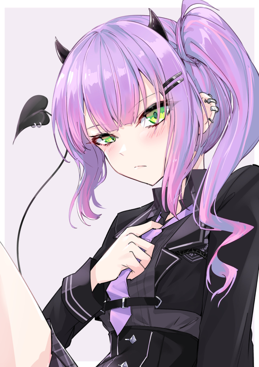 1girl ear_piercing green_eyes hair_ornament highres hololive horns necktie piercing purple_hair purple_necktie simple_background solo tail tail_ornament tail_piercing tokoyami_towa zooanime