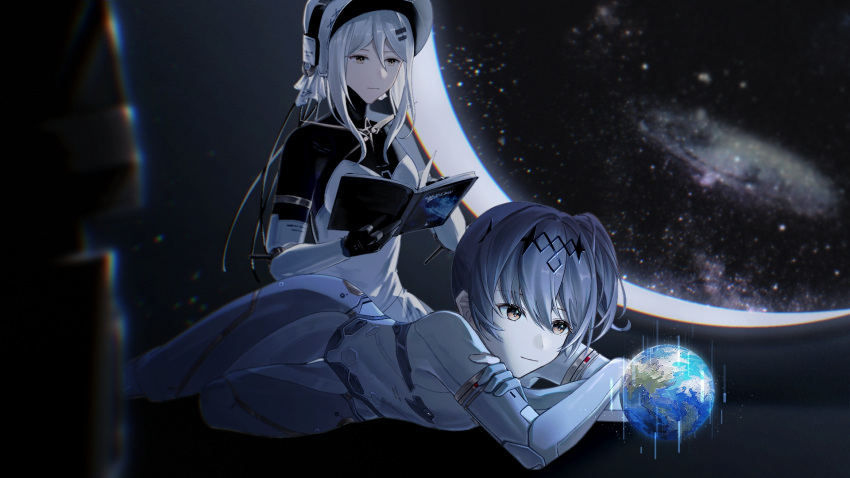 2girls black_bodysuit bodysuit bonnet book cable diadem dim_lighting dress earth_(planet) galaxy grey_hair haicma:_starveil_(punishing:_gray_raven) haicma_(punishing:_gray_raven) hair_between_eyes hair_ornament hairclip highres holding holding_book hologram joints lying mechanical_arms multiple_girls nanami:_starfarer_(punishing:_gray_raven) nanami_(punishing:_gray_raven) nebula on_stomach one_side_up open_book planet punishing:_gray_raven reading robot_joints short_hair short_hair_with_long_locks sitting skin_tight space spacecraft_interior spacesuit star_(sky) strapless strapless_dress white_bodysuit white_dress white_hair white_headwear yellow_eyes zhou_huan_(dgpe2833)