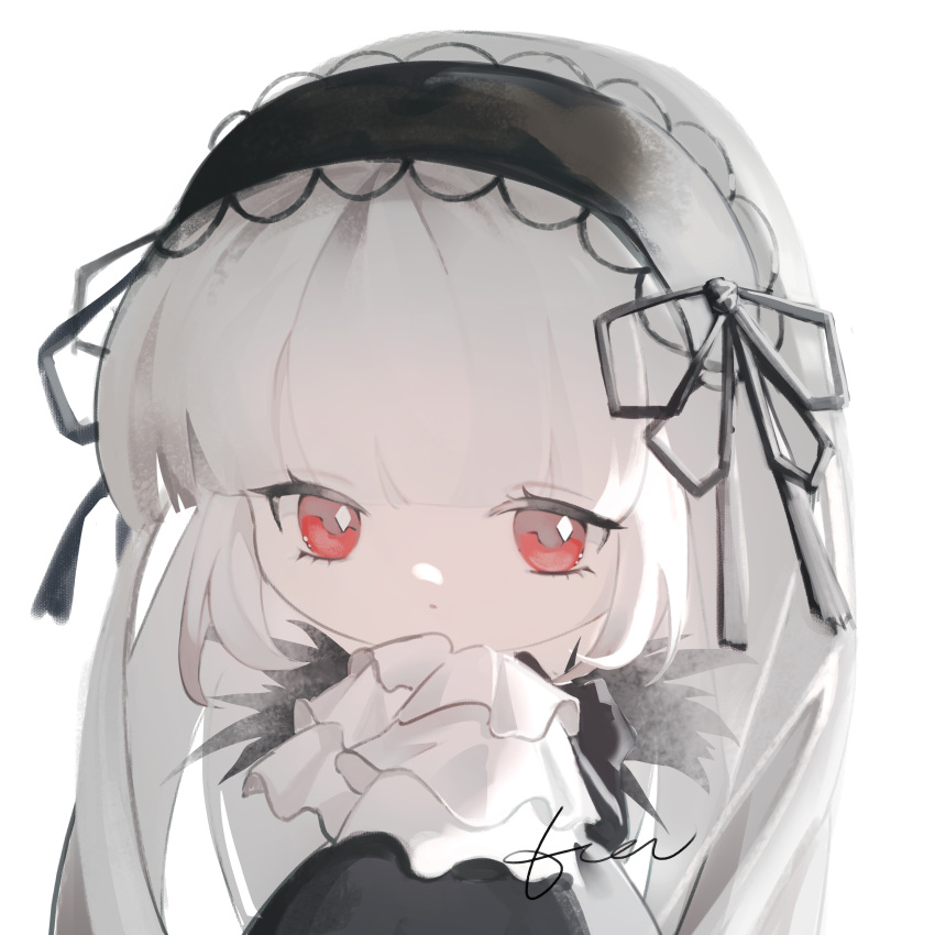 1girl absurdres black_dress black_ribbon chibi closed_mouth dress gothic_lolita hair_ribbon hairband highres lolita_fashion lolita_hairband long_hair looking_at_viewer red_eyes ribbon rozen_maiden simple_background solo suigintou tetee very_long_hair white_background white_hair