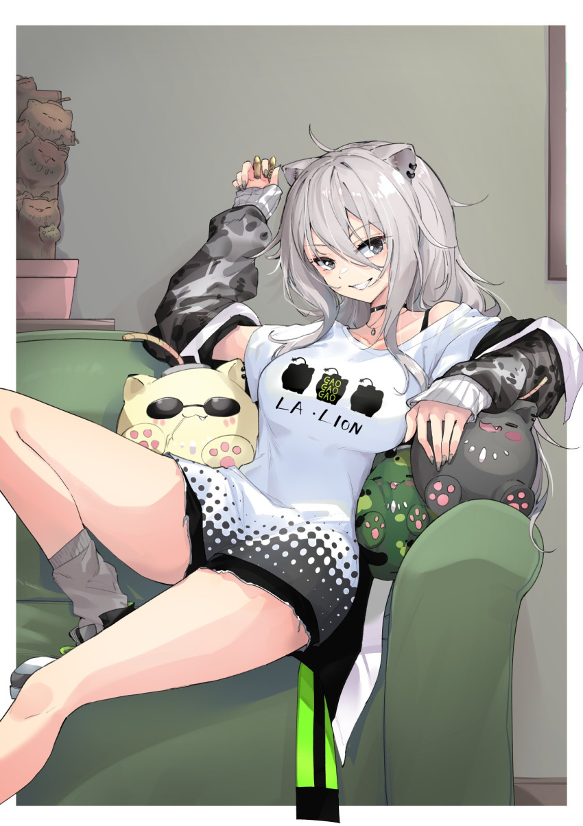1girl animal_ears choker couch grey_eyes grey_hair grin highres hololive lion_ears long_sleeves looking_at_viewer nail_polish on_couch shirt shishiro_botan sitting smile socks solo sunglasses t-shirt zooanime