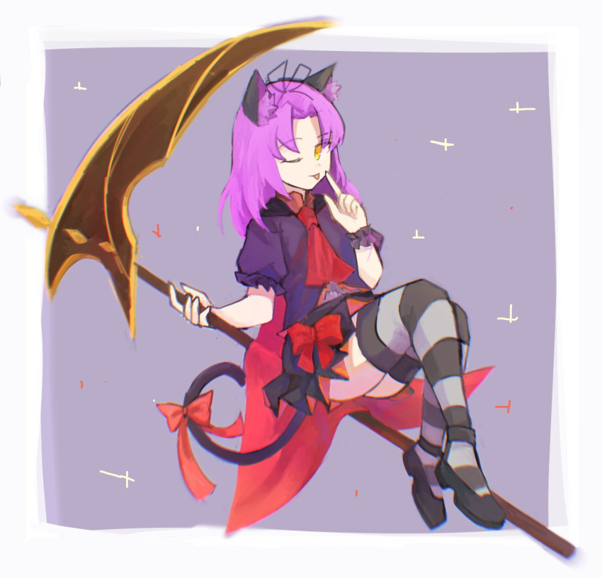 1girl animal_ears bow cat_ears cat_tail curtained_hair eiyuu_densetsu fake_animal_ears fake_tail full_body highres holding holding_scythe holding_weapon huge_weapon long_hair looking_at_viewer necktie one_eye_closed purple_hair rai_5555_ruuri renne_(eiyuu_densetsu) scythe simple_background skirt smile sora_no_kiseki tail tail_bow tail_ornament thigh-highs tongue tongue_out weapon yellow_eyes