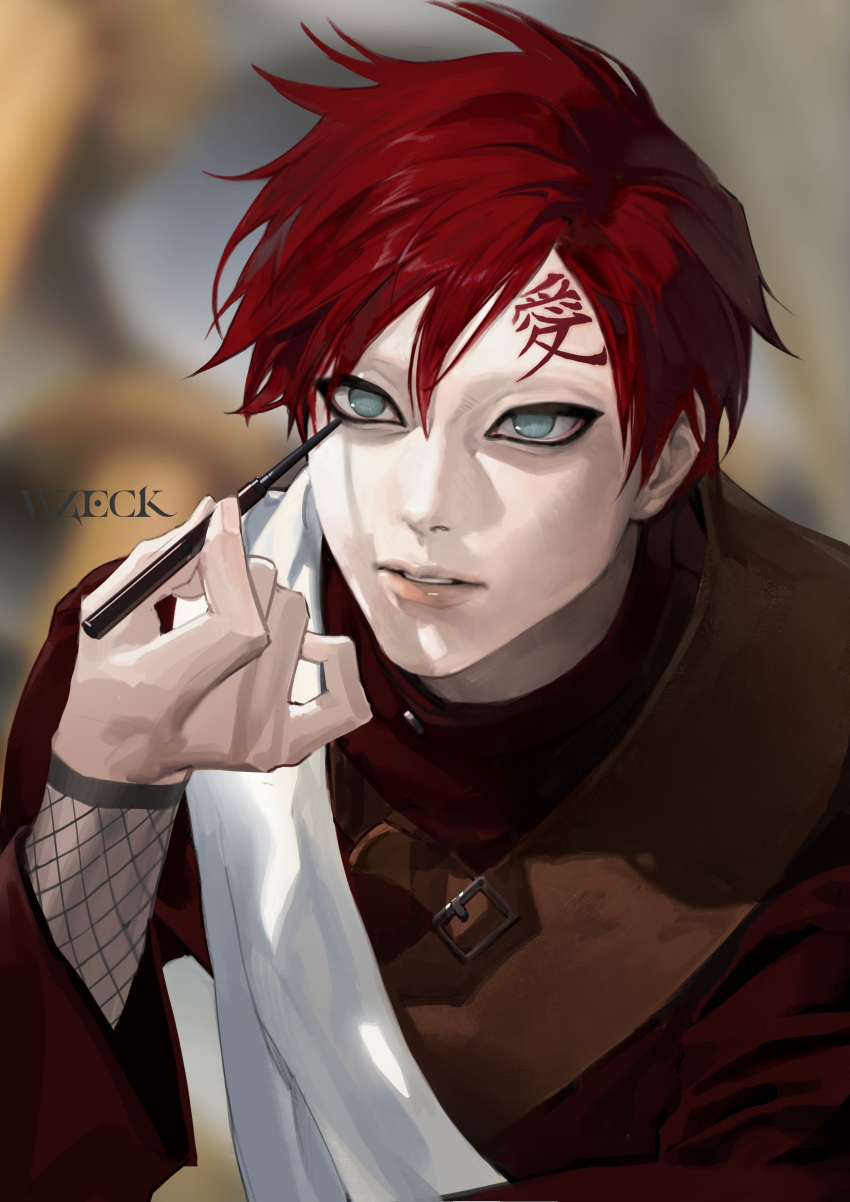 1boy absurdres aqua_eyes chinese_commentary commentary_request eyeliner fishnet_sleeves fishnets forehead_tattoo gaara_(naruto) highres holding long_sleeves makeup male_focus naruto_(series) naruto_shippuuden parted_hair parted_lips red_hair red_shirt shirt short_hair solo tattoo upper_body wz_(woyzeck)