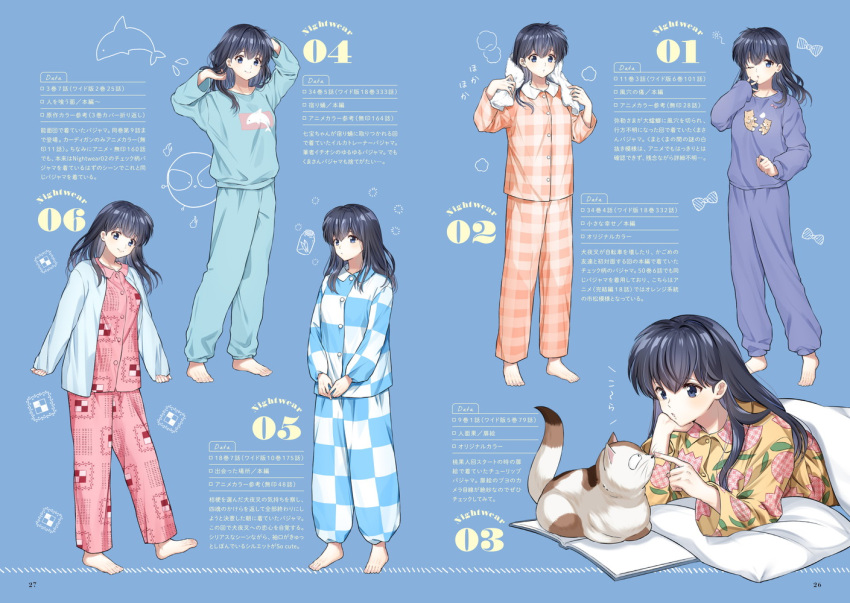 6+girls barefoot black_hair blue_background blue_cardigan blue_pajamas blue_pants cardigan cat checkered_clothes checkered_pants checkered_shirt closed_mouth colored_inner_hair dress_shirt floral_print full_body grey_hair higurashi_kagome holding holding_hair inuyasha long_hair long_sleeves looking_at_viewer lying motobi_(mtb_umk) multicolored_hair multiple_girls on_stomach one_eye_closed open_cardigan open_clothes page_number pajamas pants pillow pink_pajamas pink_pants print_shirt purple_pajamas purple_pants purple_sweater shirt sleeves_past_wrists smile standing straight_hair sweater towel two-tone_hair under_covers yellow_shirt