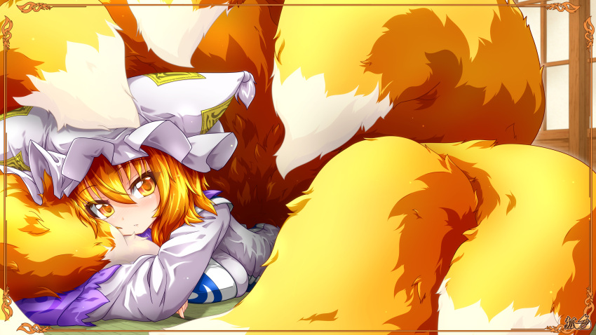 1girl :/ absurdres animal_ears blonde_hair blue_tabard breasts closed_mouth commentary_request dress expressionless fox_ears fox_tail frills hair_between_eyes hat highres hugging_own_tail hugging_tail indoors kazami_karasu large_breasts looking_at_viewer lying mob_cap multiple_tails on_stomach solo tabard tail touhou white_dress yakumo_ran yellow_eyes