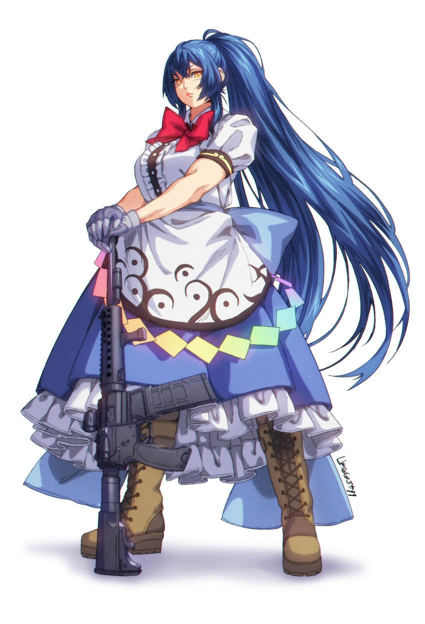 1girl absurdres assault_rifle blue_hair blue_skirt bow bowtie brown_footwear center_frills closed_mouth commentary commission cosplay cross-laced_footwear english_commentary frilled_skirt frills full_body gloves grey_gloves gun highres hinanawi_tenshi hinanawi_tenshi_(cosplay) indie_virtual_youtuber long_hair looking_at_viewer orange_eyes ponytail rainbow_order red_bow red_bowtie rifle signature simple_background skirt solo standing touhou ultragruntyy very_long_hair virtual_youtuber weapon white_background