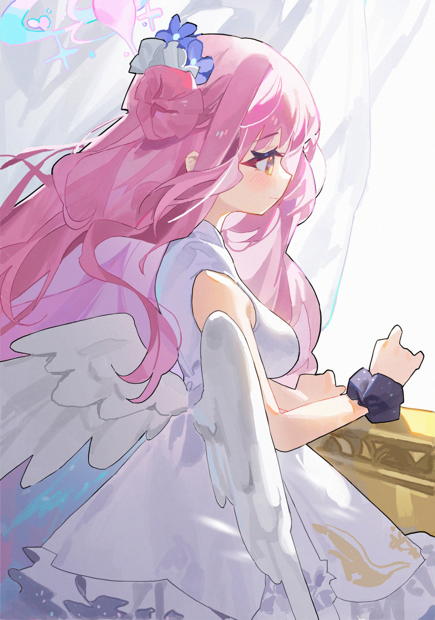1girl absurdres blue_archive blush breasts curtains dress feathered_wings from_side hair_bun halo highres indoors light_smile long_hair looking_ahead measho medium_breasts mika_(blue_archive) pink_hair profile scrunchie single_side_bun sleeveless sleeveless_dress solo very_long_hair white_dress white_wings wings wrist_scrunchie yellow_eyes