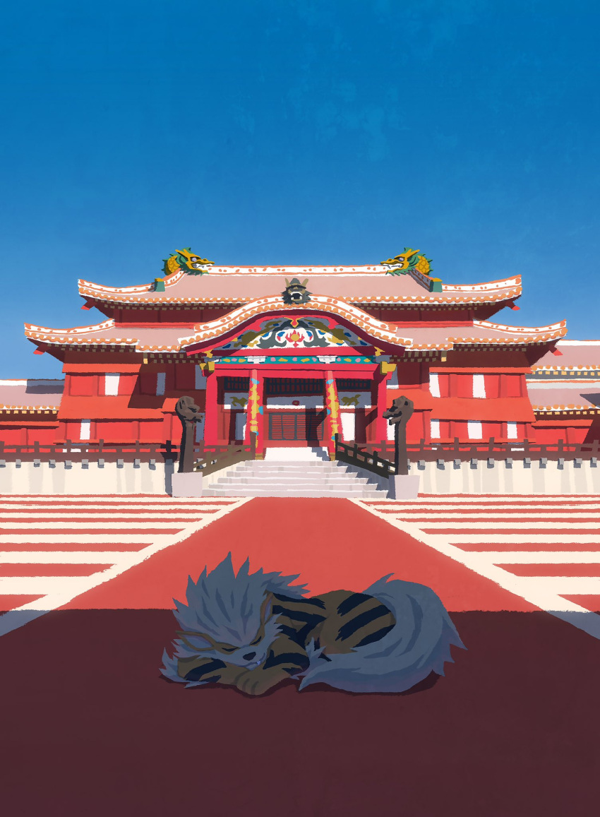 arcanine architecture blue_sky building dragon east_asian_architecture eastern_dragon fang highres hyogonosuke lying no_humans outdoors pokemon pokemon_(creature) red_carpet shade sky sleeping stairs stone_stairs