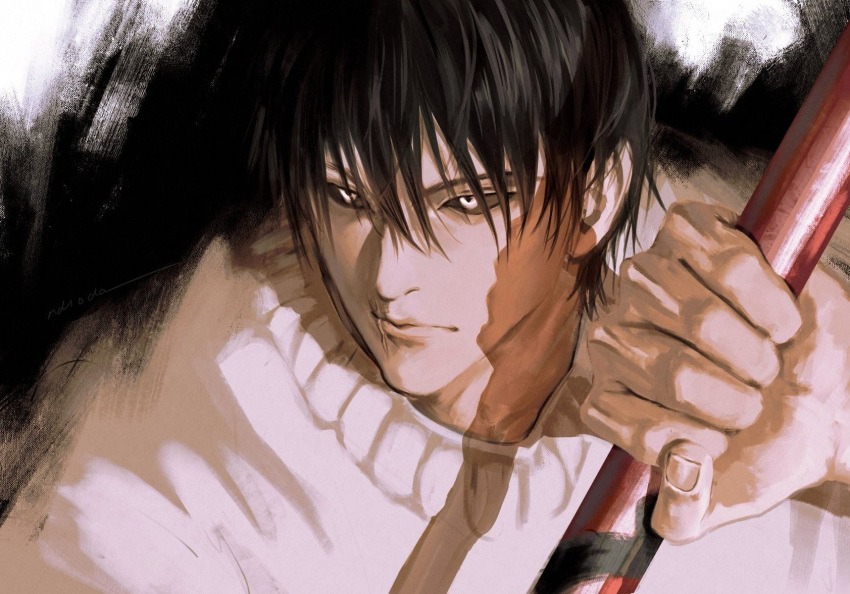 1boy black_background black_hair black_sclera closed_mouth colored_sclera fushiguro_touji hand_up highres holding holding_polearm holding_weapon jujutsu_kaisen male_focus ndsoda polearm scar scar_on_face scar_on_mouth short_hair solo staff sweater upper_body weapon white_eyes white_sweater