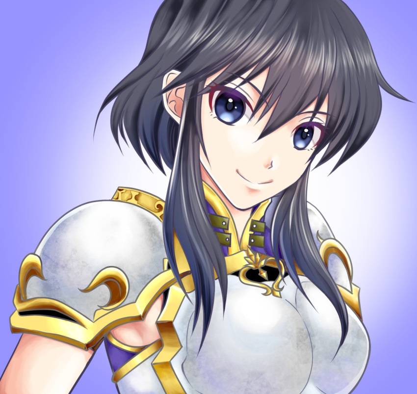 1girl armor black_eyes black_hair breastplate closed_mouth cowlick fire_emblem fire_emblem:_genealogy_of_the_holy_war hair_between_eyes highres larcei_(fire_emblem) looking_at_viewer purple_tunic short_hair shoulder_armor sidelocks simple_background smile solo sylphy_fe tunic upper_body