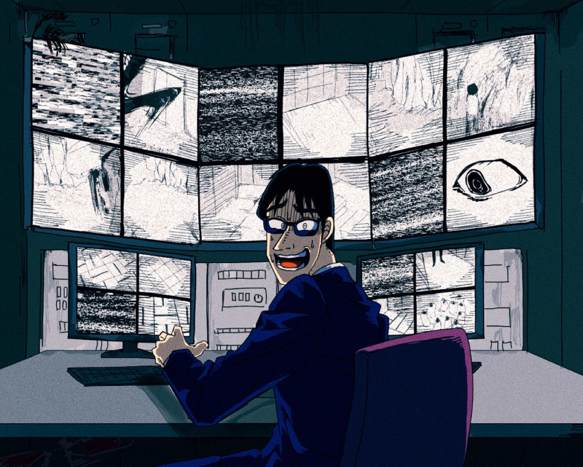 1-nichi_gaishutsuroku_hanchou 1boy black_hair blue_jacket chair commentary_request computer gloom_(expression) jacket kaiji keyboard_(computer) looking_at_viewer looking_back male_focus medium_bangs miyamoto_hajime monitor multiple_screens nervous_smile nervous_sweating open_mouth parted_bangs satou_(ultrmngrtsrt) security_camera short_hair sitting smile solo static suit sunglasses sweat table teeth upper_body white_eyes