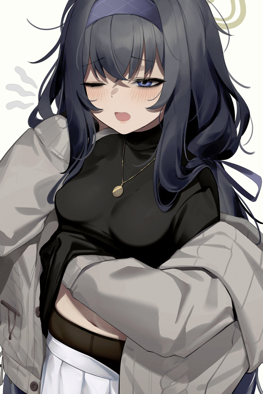 1girl absurdres bags_under_eyes black_hair black_shirt blue_archive blue_eyes blue_hairband blush cardigan commentary_request grey_cardigan hair_between_eyes hairband halo highres jewelry long_hair off_shoulder one_eye_closed open_cardigan open_clothes shirt ui_(blue_archive) wakamepiza yawning