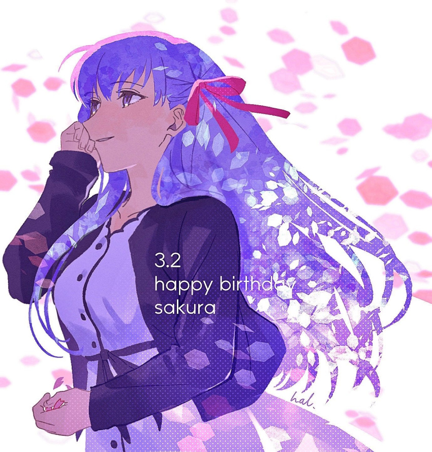 1girl adjusting_hair buttons character_name cherry_blossoms collarbone dated dress eyelashes falling_petals fate/stay_night fate_(series) from_side hair_ribbon hal_(haaaalhal) happy_birthday highres jacket long_hair long_sleeves matou_sakura petals pink_ribbon purple_hair purple_jacket ribbon signature sitting very_long_hair violet_eyes white_background white_dress