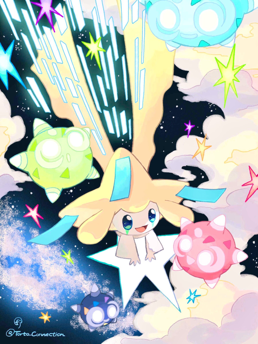 :d :o artist_name blue_eyes chikafuji clouds commentary_request highres jirachi minior minior_(blue_core) minior_(core) minior_(green_core) minior_(indigo_core) minior_(red_core) night night_sky no_humans open_mouth pokemon pokemon_(creature) riding shooting_star sky smile star_(sky) star_(symbol) starry_sky twitter_username