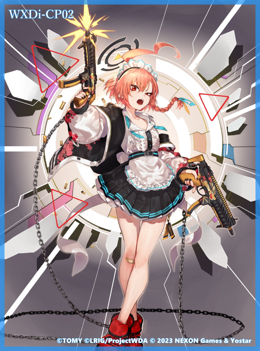 1girl ahoge apron bandaid bandaid_on_knee bandaid_on_leg black_nails blue_archive blue_border boots border braid chain dual_wielding frilled_skirt frills full_body gun hair_between_eyes halo highres hitoto holding holding_gun holding_weapon jacket long_sleeves looking_at_viewer maid_headdress mole mole_under_eye nail_polish neru_(blue_archive) official_art open_clothes open_jacket open_mouth red_eyes red_footwear side_braid skirt solo sukajan waist_apron weapon white_apron wixoss