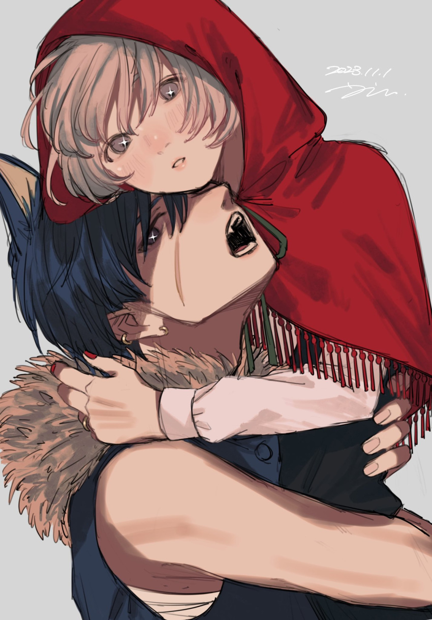 1boy 1girl animal_ears black_hair blush capelet carrying carrying_person earrings fangs fur_collar grey_background grey_eyes grey_hair highres hood hood_up hooded_capelet hug jewelry little_red_riding_hood looking_at_viewer open_mouth original parted_lips red_capelet red_nails scar scar_on_cheek scar_on_face simple_background sleeveless sleeveless_jacket sparkling_eyes teeth tori_no_3046 upper_body wolf_boy wolf_ears