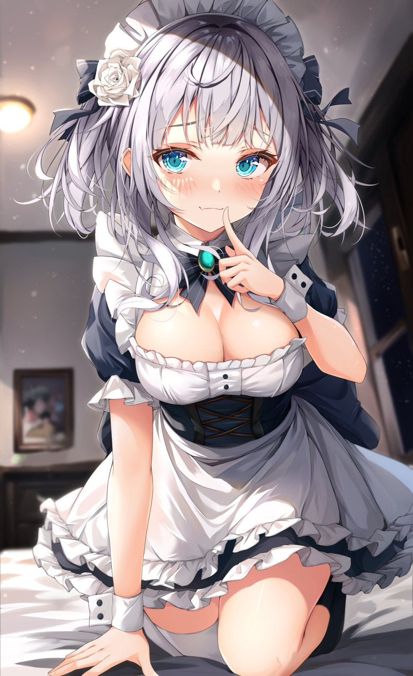 1girl absurdres apron aqua_eyes black_socks blurry blurry_background blush breasts character_request commentary_request copyright_request flower gem green_gemstone grey_ribbon hair_flower hair_ornament highres indoors large_breasts long_hair looking_at_viewer maid_apron maid_headdress on_one_knee original rumiko_(rmeco) socks solo thigh-highs white_apron white_hair white_thighhighs