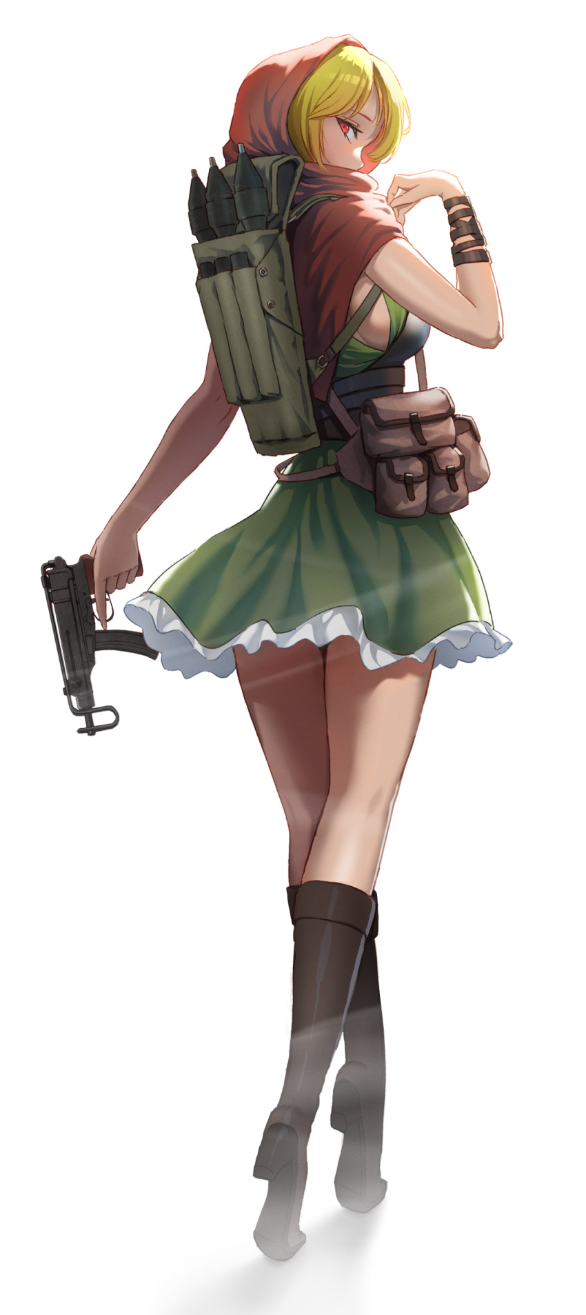 1girl arm_wrap backpack bag black_footwear blonde_hair boots breasts capelet commentary dress frilled_dress frills from_behind full_body green_dress gun highres holding holding_gun holding_weapon hood hood_up hooded_capelet imi_uzi knee_boots looking_at_viewer looking_back medium_breasts original pencil_pusher pouch red_capelet red_eyes rocket_launcher rpg short_dress simple_background solo standing submachine_gun tiptoes trigger_discipline weapon white_background