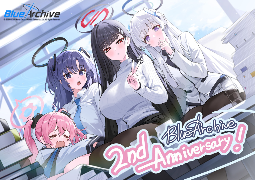 4girls absurdres anniversary black_hair black_pantyhose blue_archive blush book book_stack breasts closed_eyes clouds collared_shirt copyright_name day halo highres huge_breasts indoors jacket koyuki_(blue_archive) large_breasts logo long_hair long_sleeves looking_at_viewer multiple_girls noa_(blue_archive) official_art open_mouth pantyhose paper paper_stack parted_lips pink_hair red_eyes ribbed_sweater rio_(blue_archive) school_uniform seminar_(blue_archive) shirt sitting sky smile sweater tears turtleneck turtleneck_sweater twintails two_side_up v white_hair white_shirt white_sweater yuki_(asayuki101) yuuka_(blue_archive)