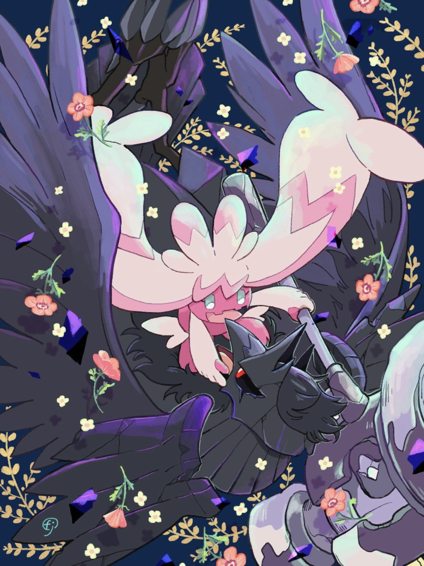 artist_name black_sclera blue_background blue_eyes chikafuji colored_sclera commentary_request corviknight floating_hair flower hammer highres holding holding_hammer long_hair looking_at_another no_humans open_mouth pink_flower pink_hair pokemon pokemon_(creature) red_eyes simple_background tinkaton twintails very_long_hair white_flower