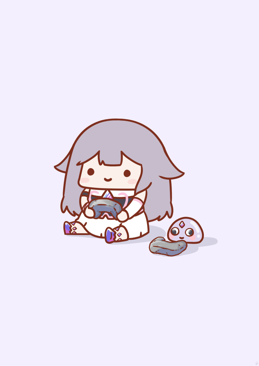 1girl absurdres barefoot blush_stickers chest_jewel commentary controller dress game_controller grey_hair highres holding holding_controller holding_game_controller holding_rock hololive hololive_english koseki_bijou long_hair pebble_(koseki_bijou) phdpigeon purple_background simple_background sitting smile solid_circle_eyes symbol-only_commentary virtual_youtuber white_dress