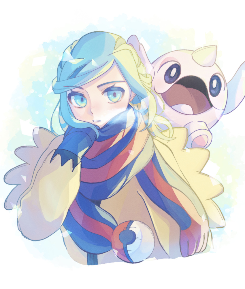 1boy absurdres aqua_eyes aqua_hair blue_mittens blue_scarf breath cetoddle commentary_request eyelashes grusha_(pokemon) hand_up highres jacket long_sleeves male_focus mittens parted_lips poke_ball_print pokemon pokemon_(creature) pokemon_(game) pokemon_sv ryusa_(gjgd7445) scarf striped striped_scarf yellow_jacket