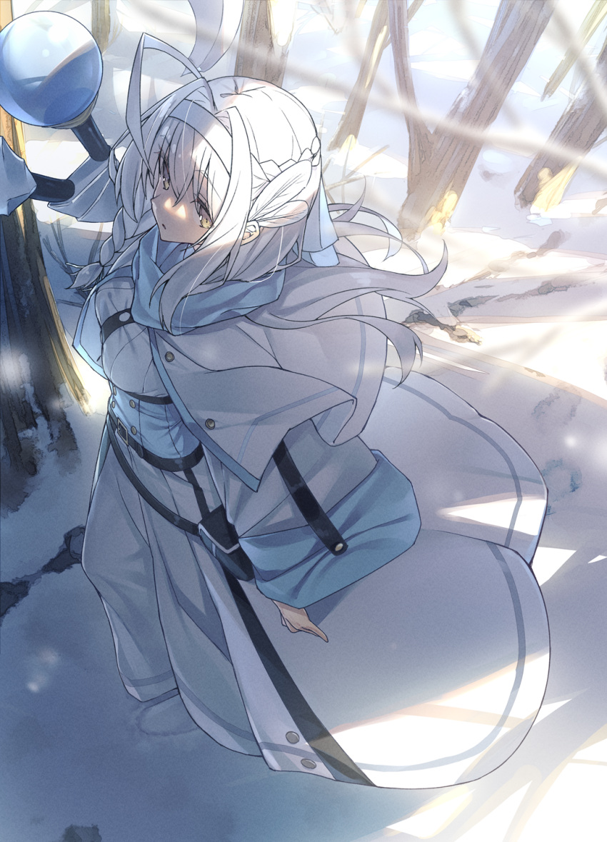 1girl ahoge braid buttons capelet double-breasted dress dutch_angle feather_hair_ornament feathers hair_intakes hair_ornament highres holding holding_staff long_sleeves original shiro_youduki side_braid snow solo staff tree white_capelet white_dress white_hair wide_sleeves winter yellow_eyes
