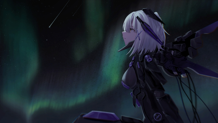1girl aurora breasts cable chin_guard chinese_commentary commentary cyborg from_side hair_ornament headgear highres joints looking_up mechanical_arms mechanical_parts mechanical_wings medium_breasts medium_hair night night_sky one_side_up profile punishing:_gray_raven robot_joints rosetta:_rigor_(punishing:_gray_raven) rosetta_(punishing:_gray_raven) shooting_star sky solo star_(sky) upper_body white_hair wings x_hair_ornament yellow_eyes zhou_huan_(dgpe2833)