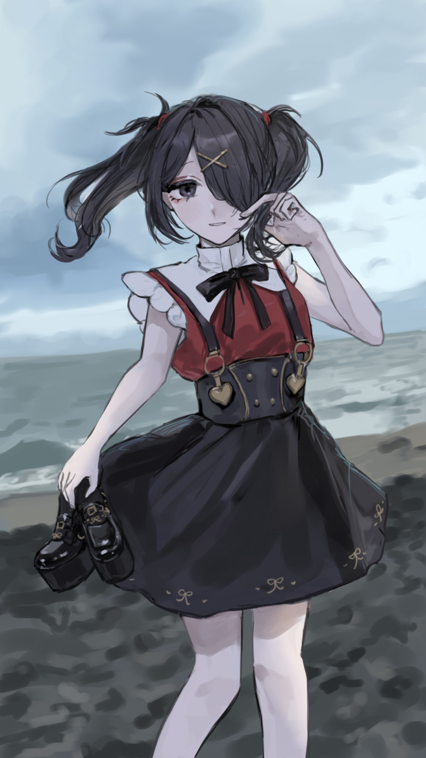 1girl adjusting_hair ame-chan_(needy_girl_overdose) beach black_eyes black_footwear black_hair black_ribbon black_skirt clouds cloudy_sky collared_shirt feet_out_of_frame hair_ornament hair_over_one_eye hair_tie hairclip hand_up highres holding holding_clothes holding_footwear looking_at_viewer muted_color neck_ribbon needy_girl_overdose ocean outdoors parted_lips red_shirt ribbon sanmanako shirt shirt_tucked_in shoes skirt sky smile solo standing suspender_skirt suspenders twintails unworn_shoes water wind x_hair_ornament