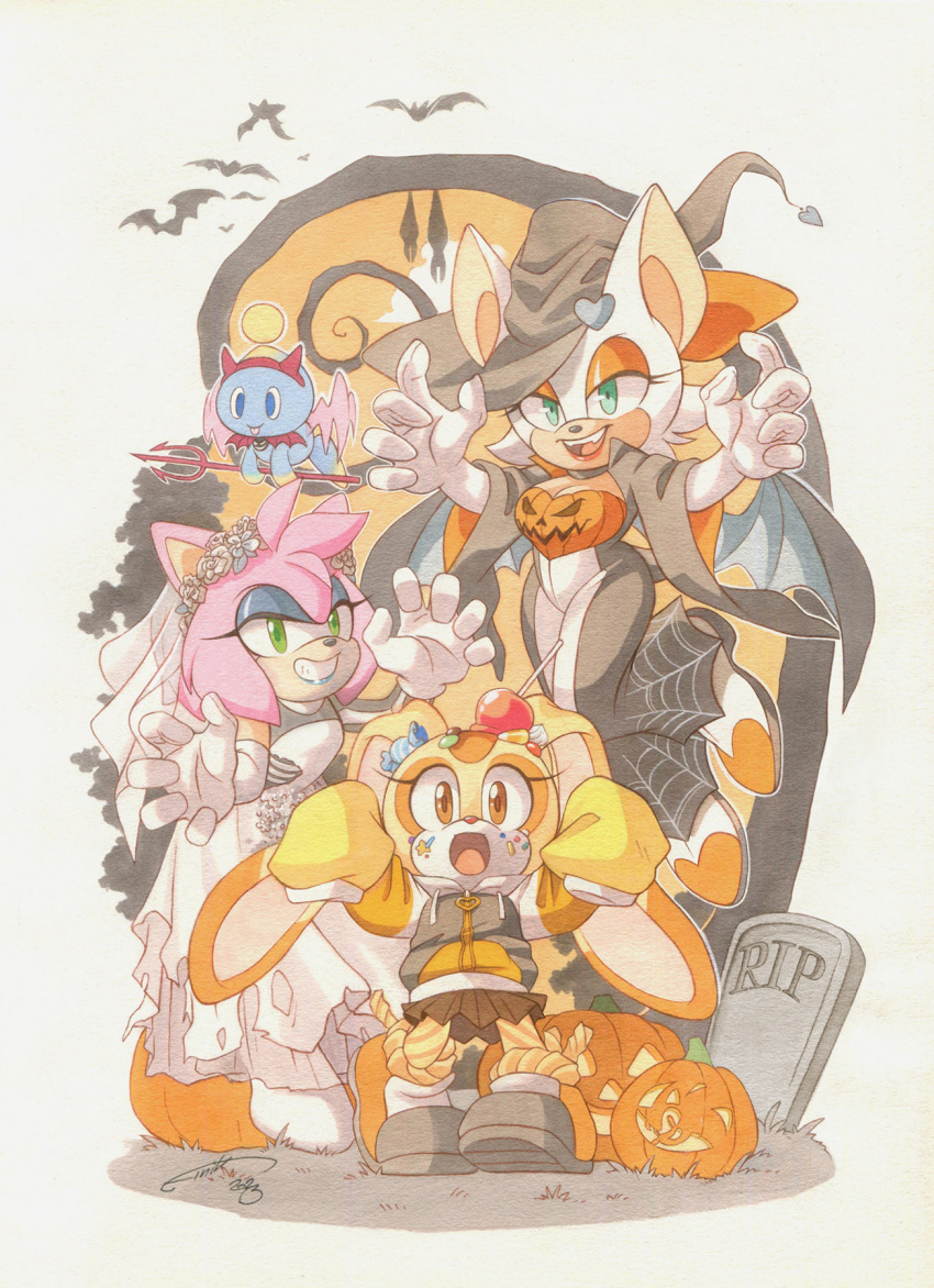 3girls alternate_costume amy_rose animal_ears animal_nose bat_(animal) bat_ears bat_girl bat_wings blue_eyeshadow candy candy_hair_ornament chao_(sonic) cheese_(sonic) cream_the_rabbit demon eyeshadow finik flower food food-themed_hair_ornament hair_flower hair_ornament halloween halloween_costume hat hedgehog hedgehog_ears hedgehog_girl highres jack-o'-lantern jacket makeup multiple_girls orange_eyeshadow pumpkin rabbit rabbit_ears rabbit_girl rouge_the_bat sonic_(series) tombstone wings witch witch_hat