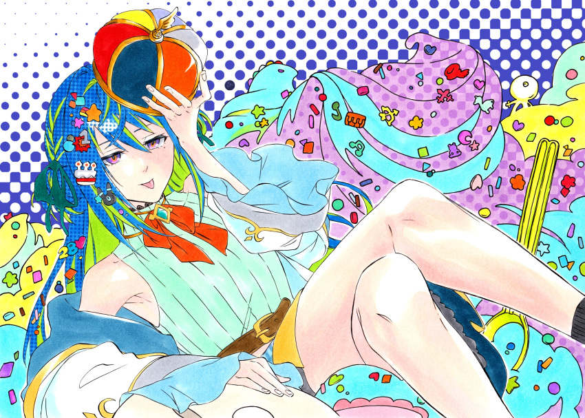 1girl absurdres armpit_crease bare_shoulders belt blue_hair blue_shirt brooch crossed_legs crown detached_sleeves food green_hair hair_ornament hair_ribbon half-closed_eyes hand_on_headwear highres ice_cream jewelry ken'ichi_(ken1ro_u) looking_at_viewer mole mole_under_eye multicolored_eyes multicolored_hair nanashi_inc. polka_dot polka_dot_background puffy_sleeves ribbon shirt sitting skirt solo spoon sprinkles streaked_hair suzumi_nemo tongue tongue_out