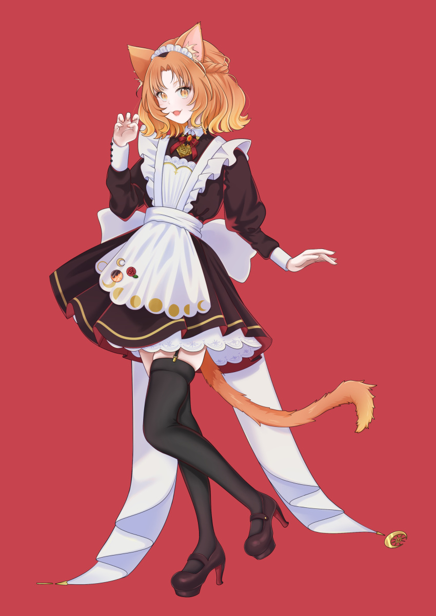 1girl :d absurdres animal_ears apron black_dress black_footwear black_thighhighs braid cat_ears cat_tail dress full_body garter_straps high_heels highres long_sleeves looking_at_viewer maid maid_apron medium_hair moon_phases moon_print orange_hair original parted_bangs puffy_long_sleeves puffy_sleeves red_background smile standing suzuohkami tail thigh-highs