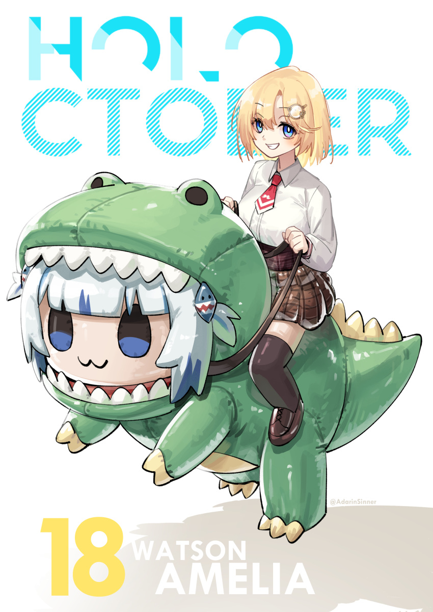 2girls :3 absurdres adarin blonde_hair blue_eyes blue_hair blunt_bangs breasts brown_footwear brown_skirt character_name chibi collared_shirt costume dinosaur_costume dress_shirt english_text gawr_gura hair_ornament high-waist_skirt highres hololive hololive_english hood hood_up medium_breasts multicolored_hair multiple_girls necktie plaid plaid_skirt pleated_skirt red_necktie shirt short_hair short_necktie skirt smile smol_gura solo streaked_hair tail thigh-highs twitter_username two_side_up virtual_youtuber watson_amelia watson_amelia_(1st_costume) white_hair white_shirt