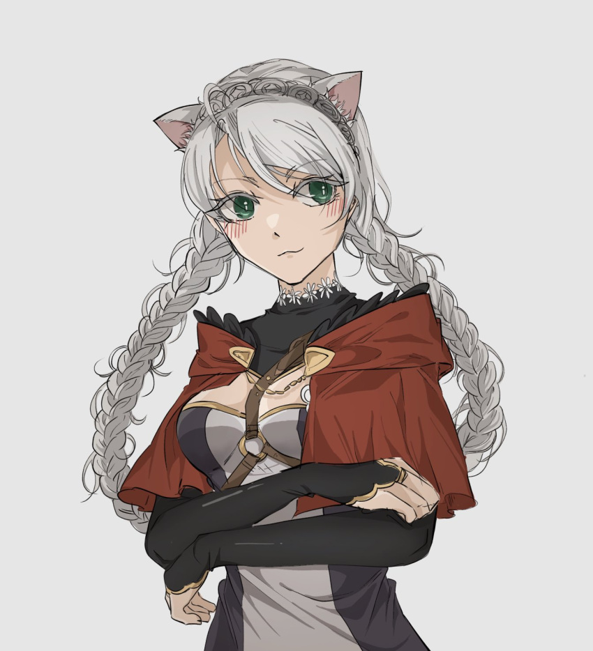 1girl ahoge animal_ears black_bridal_gauntlets blue_eyes braid breasts capelet cat_ears cat_girl closed_mouth crossed_arms fire_emblem fire_emblem_fates hairband harness highres hood hood_down hooded_capelet long_hair looking_to_the_side low_twin_braids medium_breasts nina_(fire_emblem) o-ring o-ring_harness parted_bangs red_capelet solo turtleneck twin_braids white_hair yurari_forever