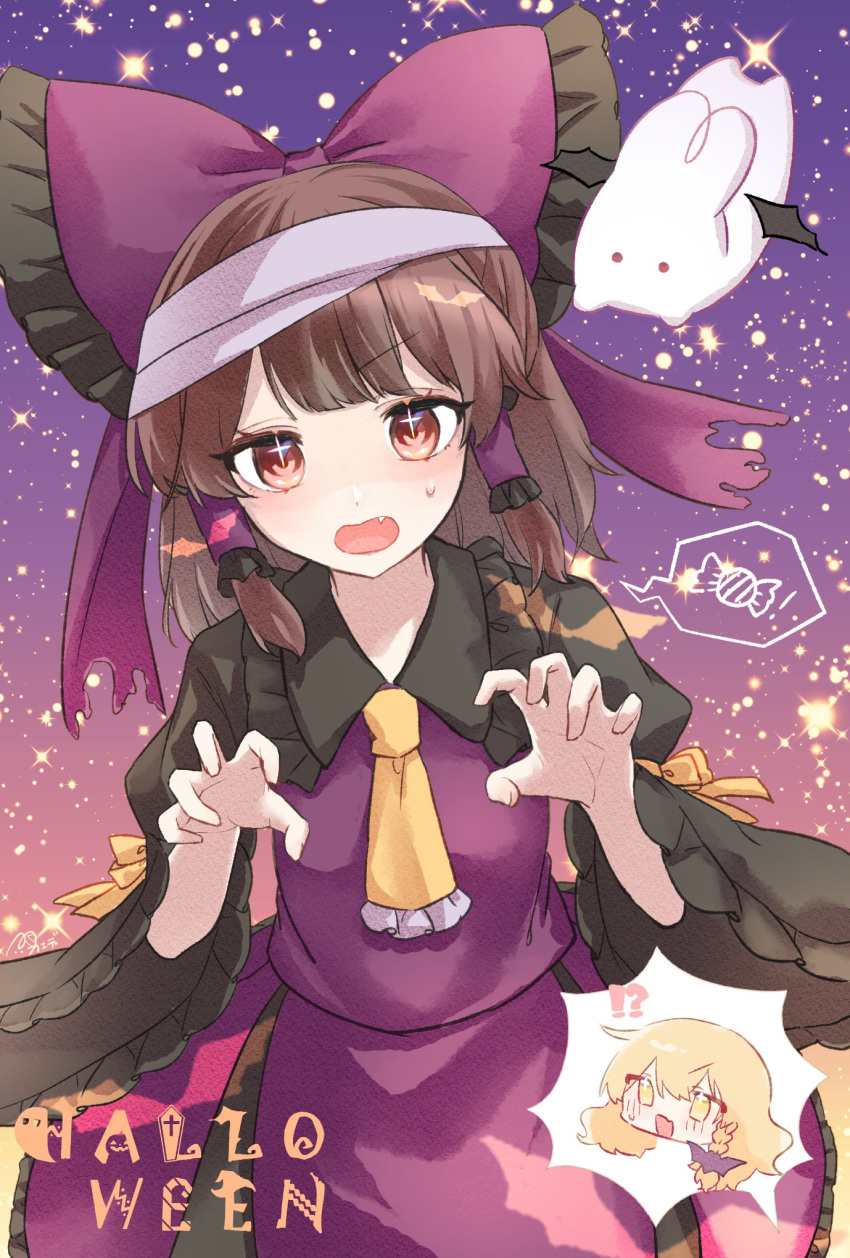 !? 2girls adapted_costume alternate_costume ascot bandaged_head bandages bat_wings black_sleeves blonde_hair bow braid brown_hair candy claw_pose collared_shirt fang food frilled_bow frilled_hair_tubes frills hair_bow hair_tubes hakurei_kaede hakurei_reimu halloween halloween_costume highres kirisame_marisa long_hair multiple_girls rabbit red_bow red_eyes red_shirt red_skirt ribbon-trimmed_sleeves ribbon_trim shirt sidelocks single_braid skirt sparkle sweatdrop torn_clothes touhou wide_sleeves wings yellow_ascot yellow_eyes