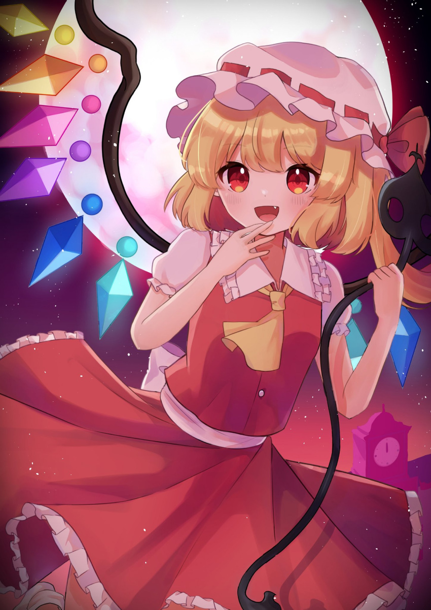 1girl ascot blonde_hair fang flandre_scarlet frills hat highres laevatein_(touhou) mob_cap moon multicolored_wings nene_man open_mouth red_eyes red_skirt skirt solo touhou wings yellow_ascot