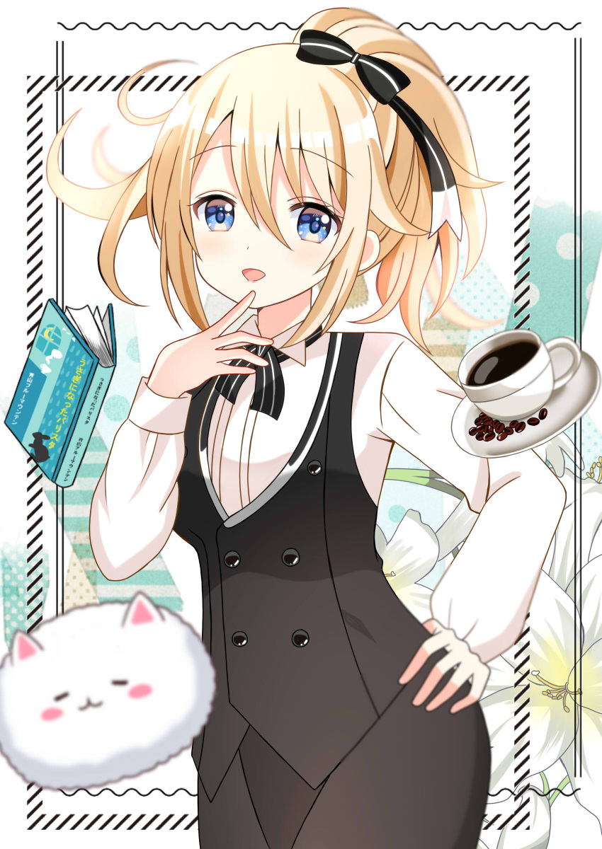 1girl :d absurdres aoyama_blue_mountain black_bow black_skirt black_vest blonde_hair blue_eyes book bow coffee coffee_beans collared_shirt commentary_request cup finger_to_mouth flower gochuumon_wa_usagi_desu_ka? hair_between_eyes hair_bow hand_on_own_hip hand_up highres long_sleeves ponytail puffy_long_sleeves puffy_sleeves ryoutan saucer shirt skirt smile solo_focus tippy_(gochiusa) vest white_flower white_shirt