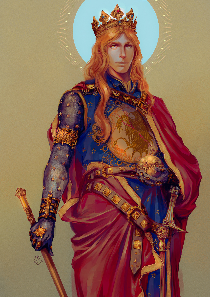 1boy absurdres arm_at_side armlet belt blonde_hair blue_surcoat bracelet cape crest crown dragon dragon_print elden_ring globus_cruciger gloved_sleeves godwyn_the_golden gold_bracelet gold_trim halo hand_up highres holding holding_orb holding_scepter jewelry leather_belt long_hair looking_at_viewer ornate_clothes red_cape red_skirt scepter see-through see-through_sleeves skirt star_(symbol) star_print studded_belt studded_gloves studded_sleeves subzeroparade surcoat sword weapon yellow_eyes