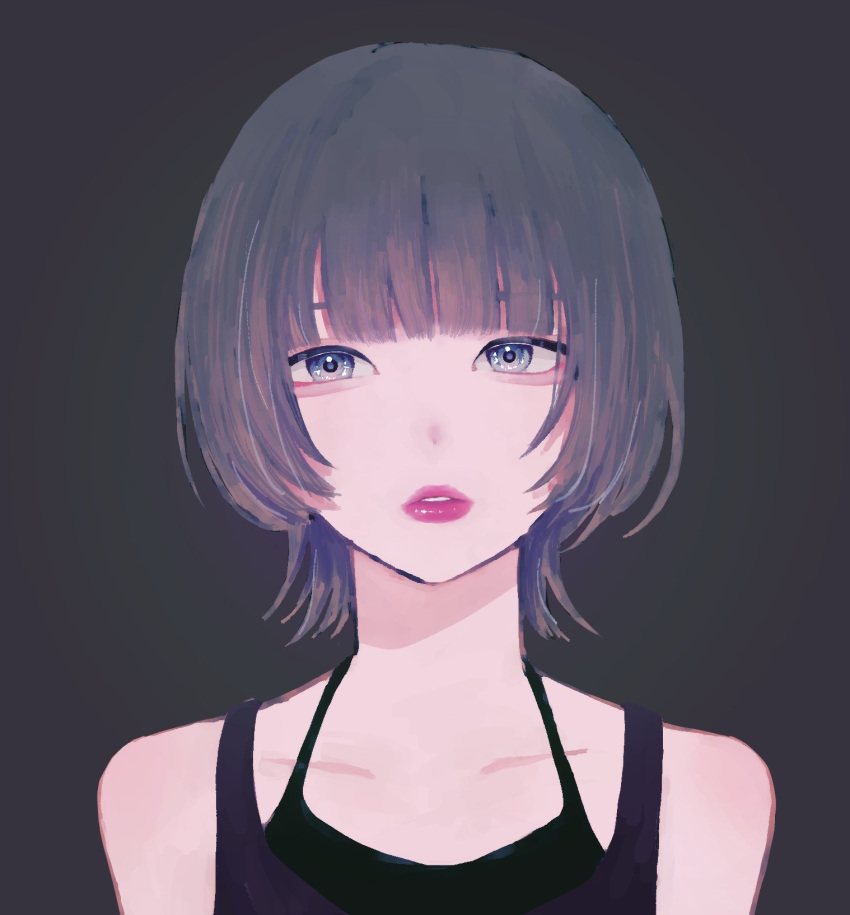 1girl aegyo_sal bare_shoulders blunt_bangs collarbone commentary grey_background grey_eyes grey_hair highres kn_shan lips looking_at_viewer parted_lips real_life skull_(person) solo symbol-only_commentary tank_top upper_body wolf_cut