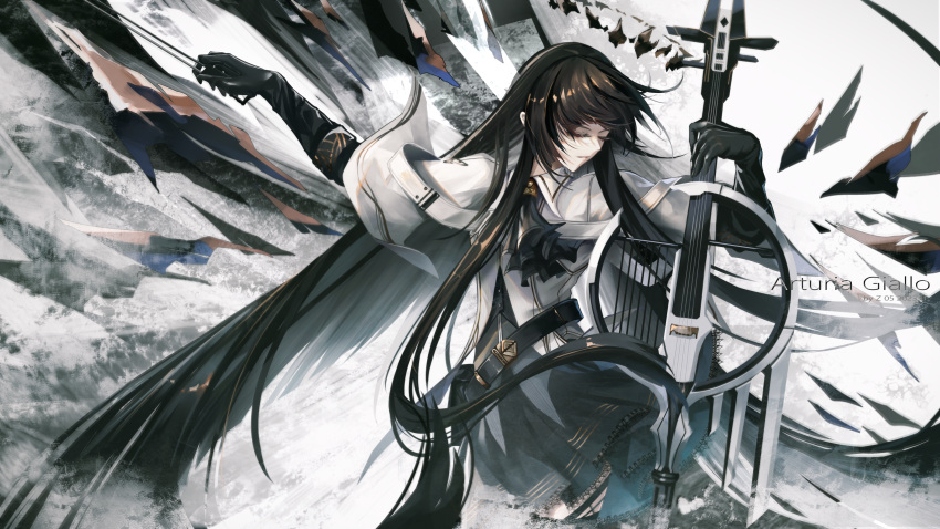 1girl absurdly_long_hair arknights artist_name ascot belt belt_buckle black_ascot black_belt black_bustier black_garter_straps black_gloves black_hair black_skirt blunt_bangs bow_(music) breasts buckle bustier cello character_name chinese_commentary closed_eyes collared_jacket commentary_request cowboy_shot dated dress_shirt eyelashes facing_to_the_side floating_hair garter_straps gloves grey_shirt highres hime_cut holding holding_bow_(music) holding_instrument holding_violin instrument jacket layered_sleeves light_smile lips long_hair long_sleeves medium_breasts miniskirt mole mole_under_eye originium_arts_(arknights) outstretched_arm outstretched_hand pale_skin parted_lips pleated_skirt shirt short_over_long_sleeves short_sleeved_jacket short_sleeves sidelocks signature skirt solo standing teeth very_long_hair violin virtuosa_(arknights) white_background white_belt white_jacket wide_sleeves z_05 zettai_ryouiki